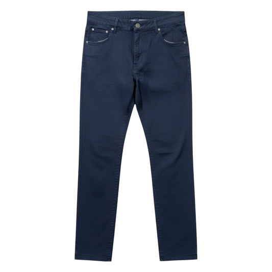 Pair of blue denim shorts with a belt on a white background