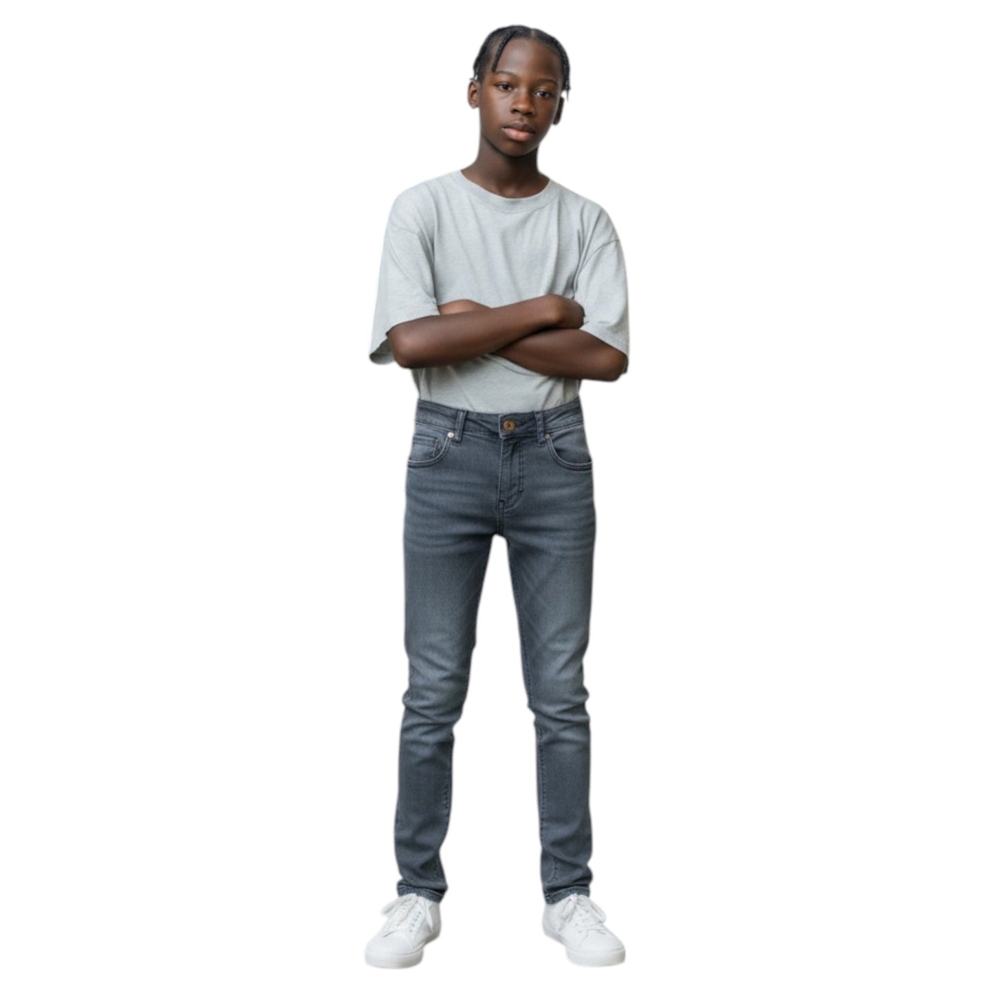 Person wearing a light gray t-shirt and dark blue jeans on a white background