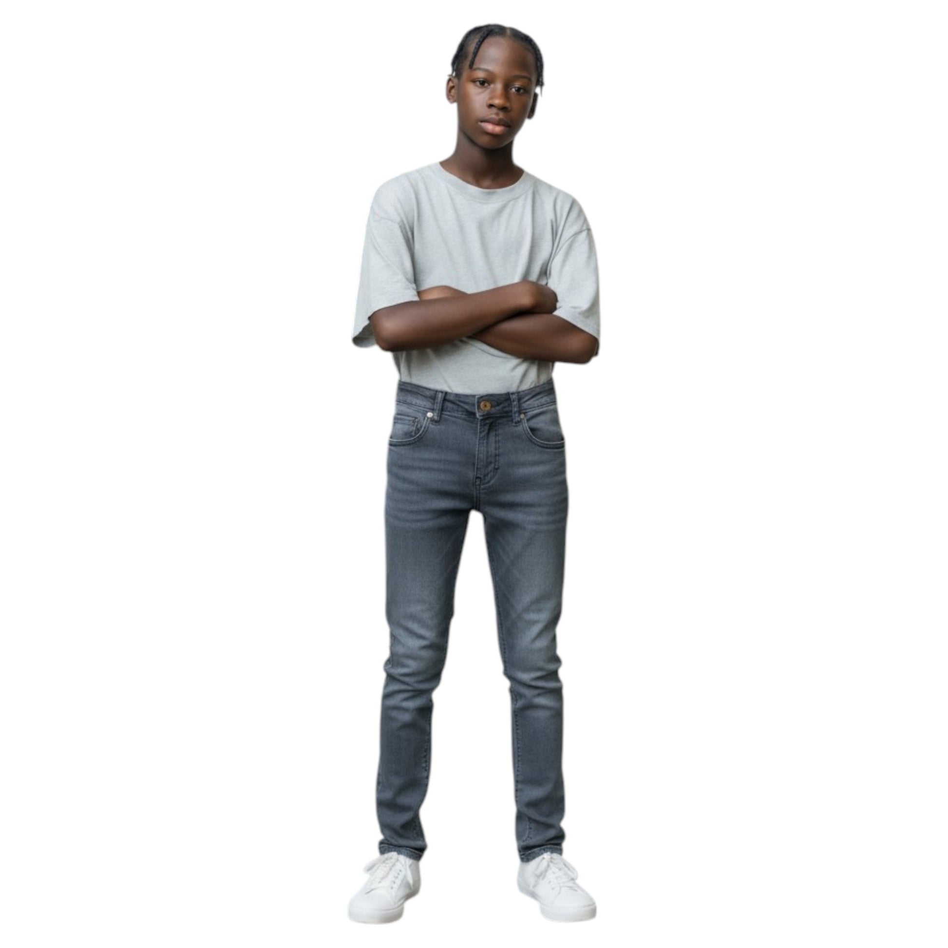 Person wearing a light gray t-shirt and dark blue jeans on a white background