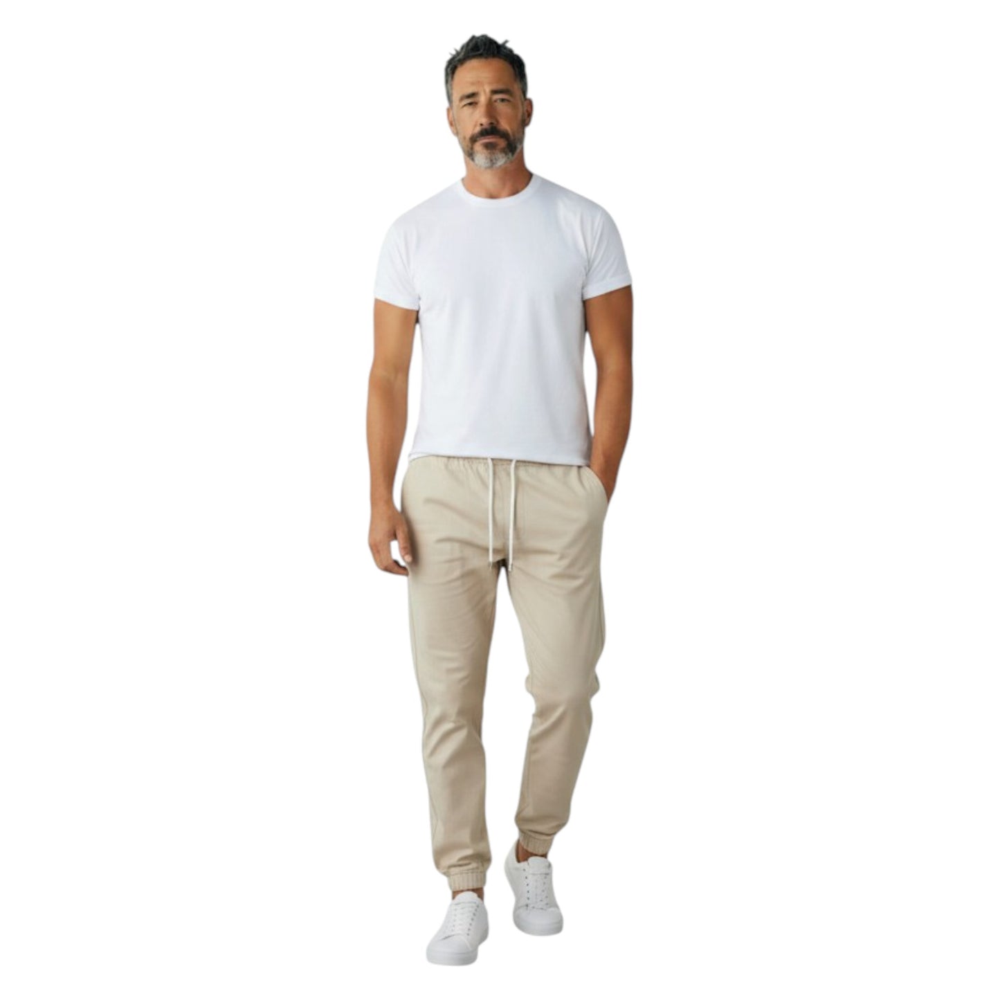 Person wearing a white t-shirt and blue jeans on a white background