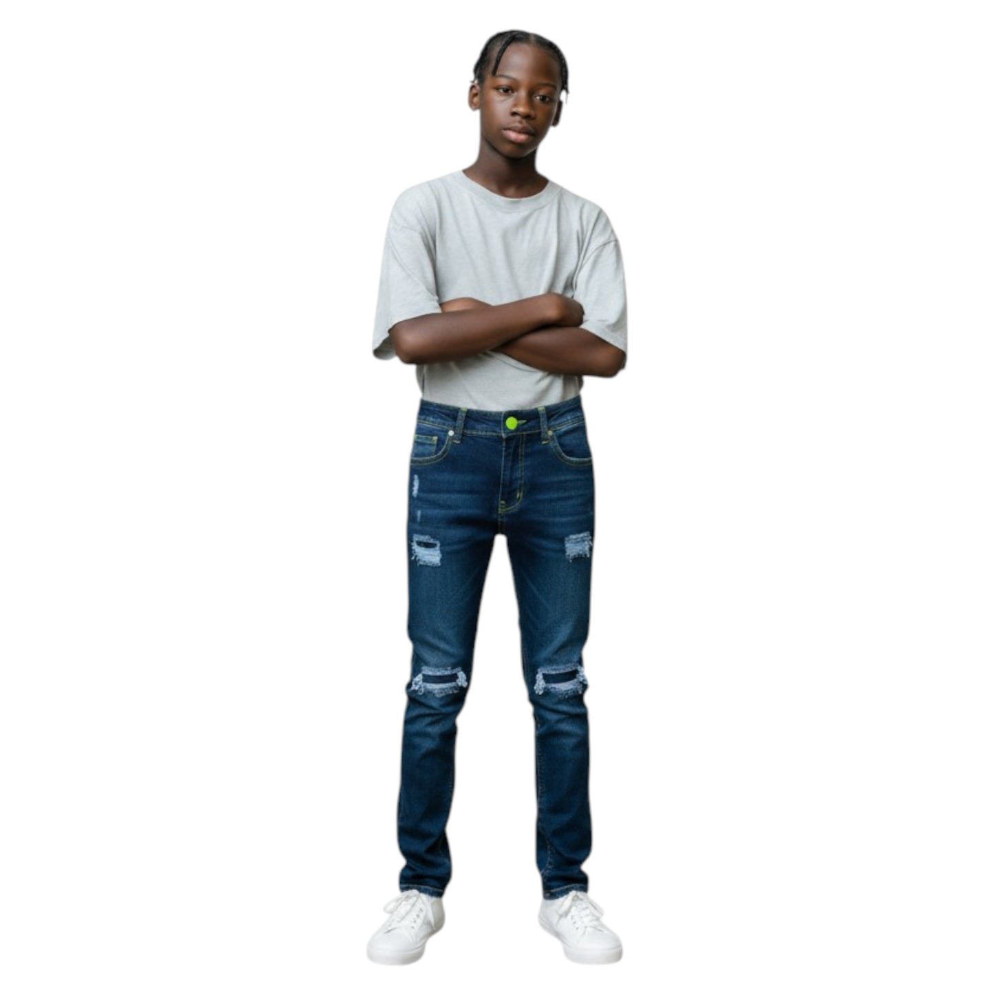 Person wearing a white t-shirt and blue jeans on a white background