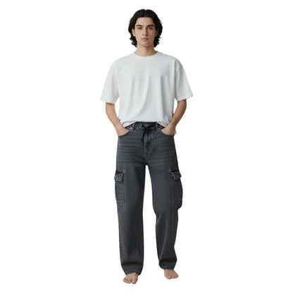 Person wearing a white t-shirt and dark cargo pants on a white background