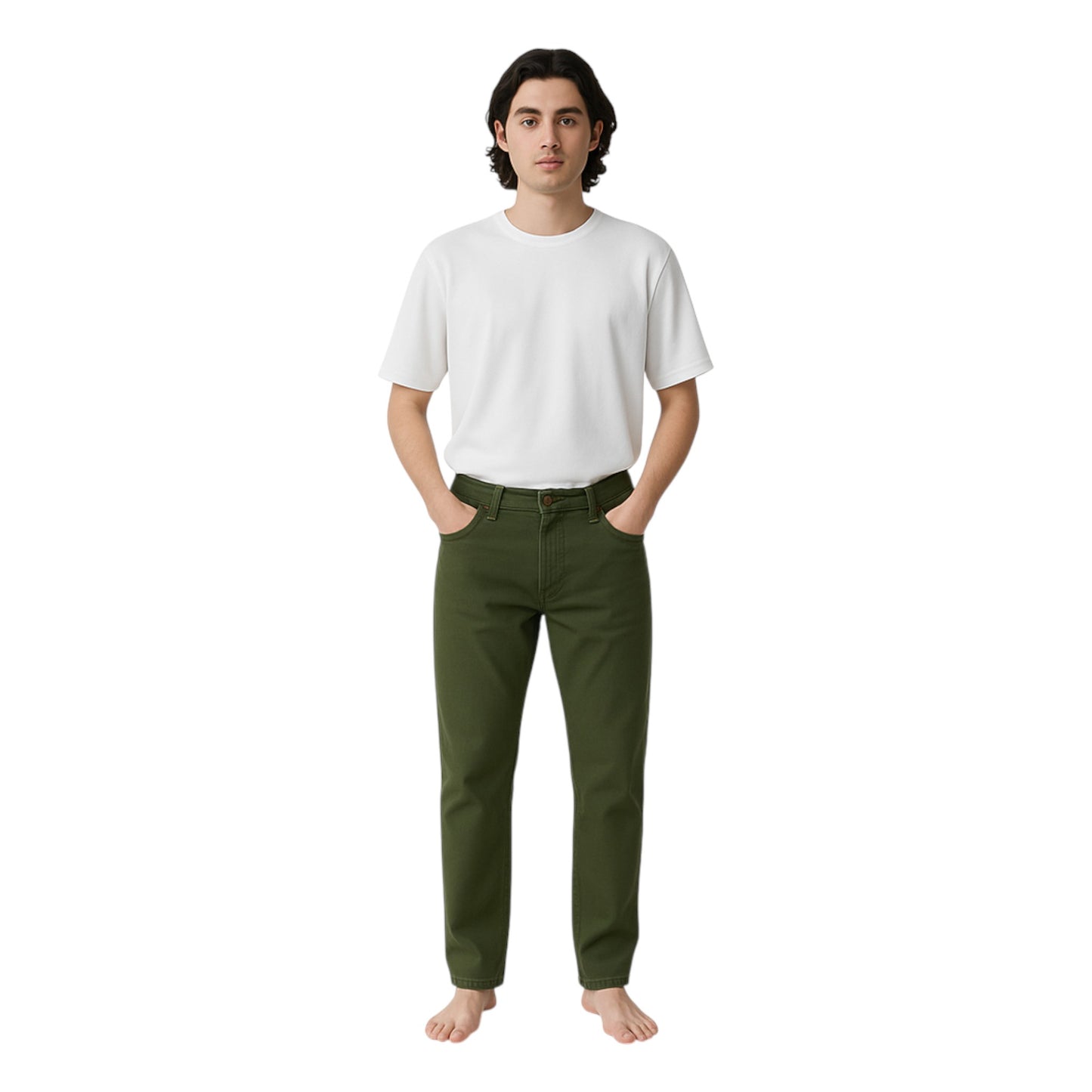 Person wearing a white t-shirt and green pants on a white background