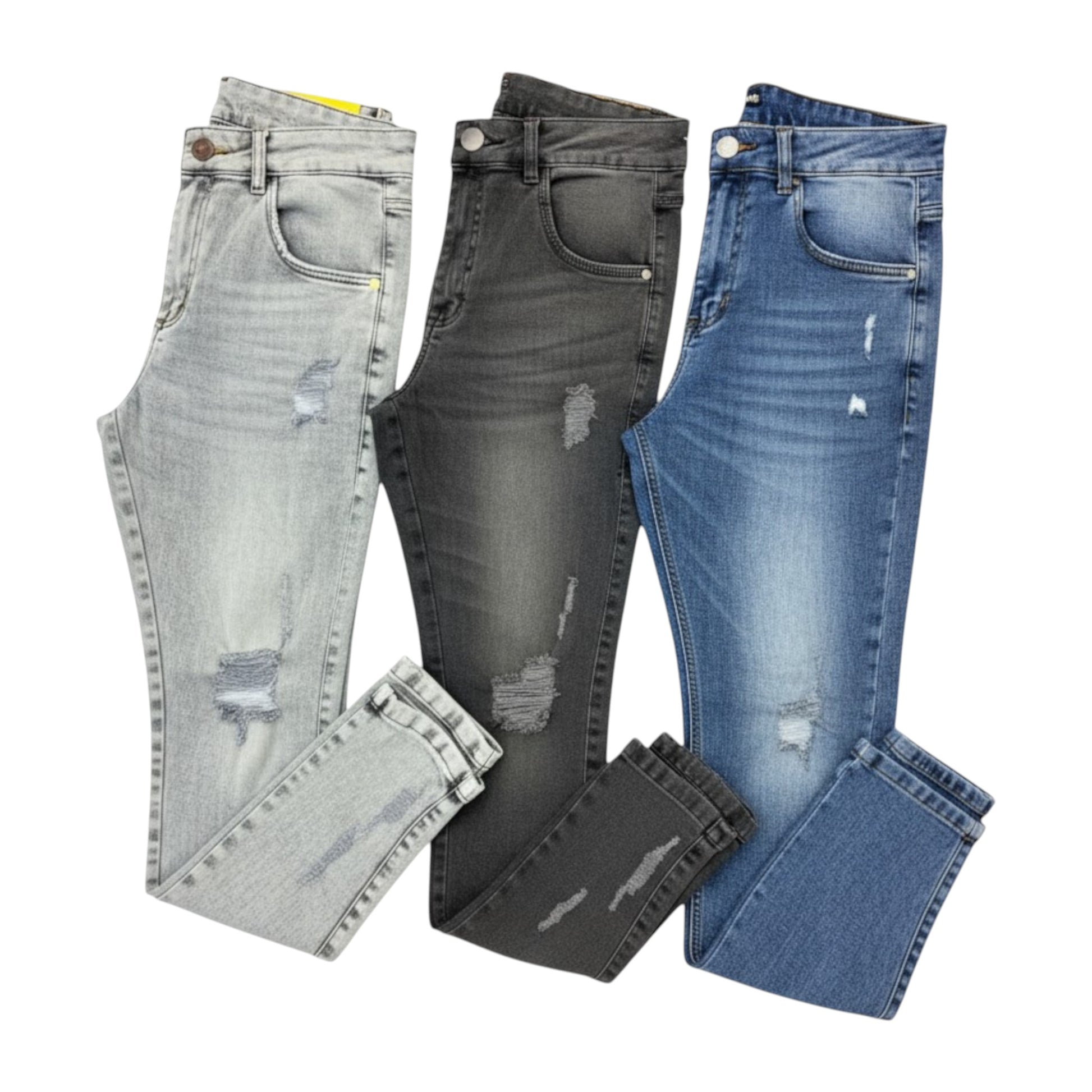 Three pairs of distressed jeans in gray, black, and blue on a white background