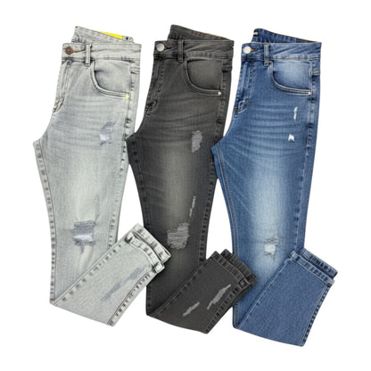 Three pairs of distressed jeans in gray, black, and blue on a white background