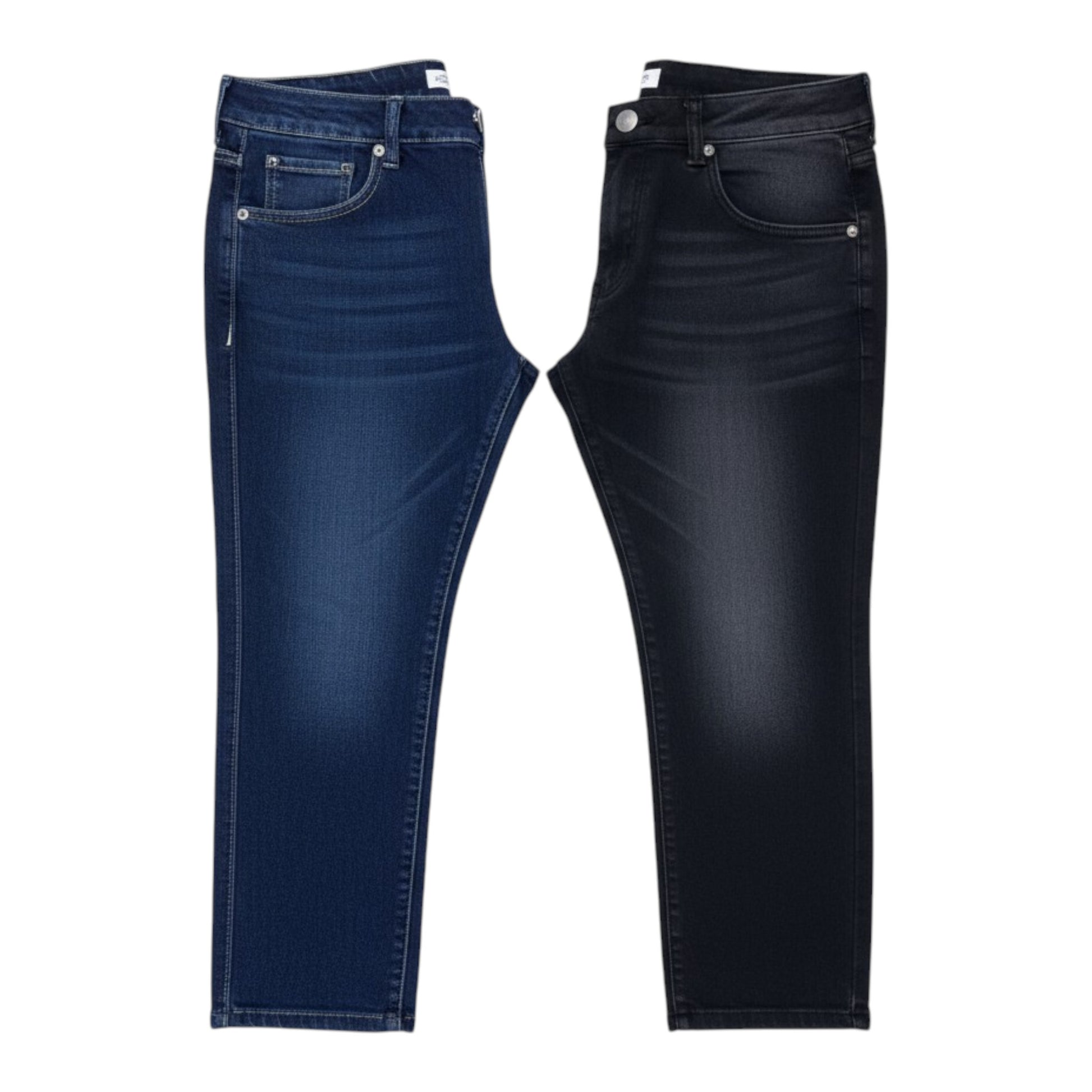 Two pairs of jeans, one blue and one black, on a white background