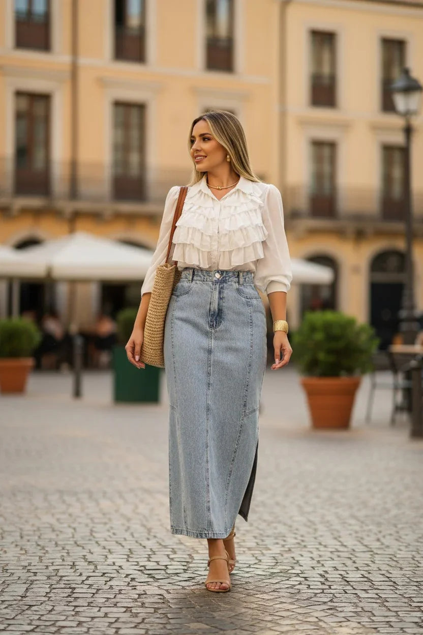 Woman in a white blouse and denim skirt standing on a street with buildings in the background