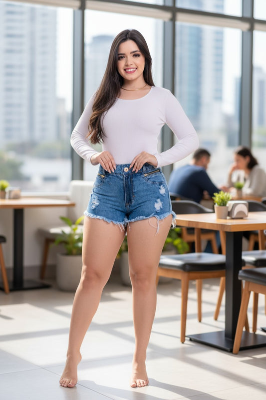 Woman in a white long-sleeve top and denim shorts standing in an office setting.
