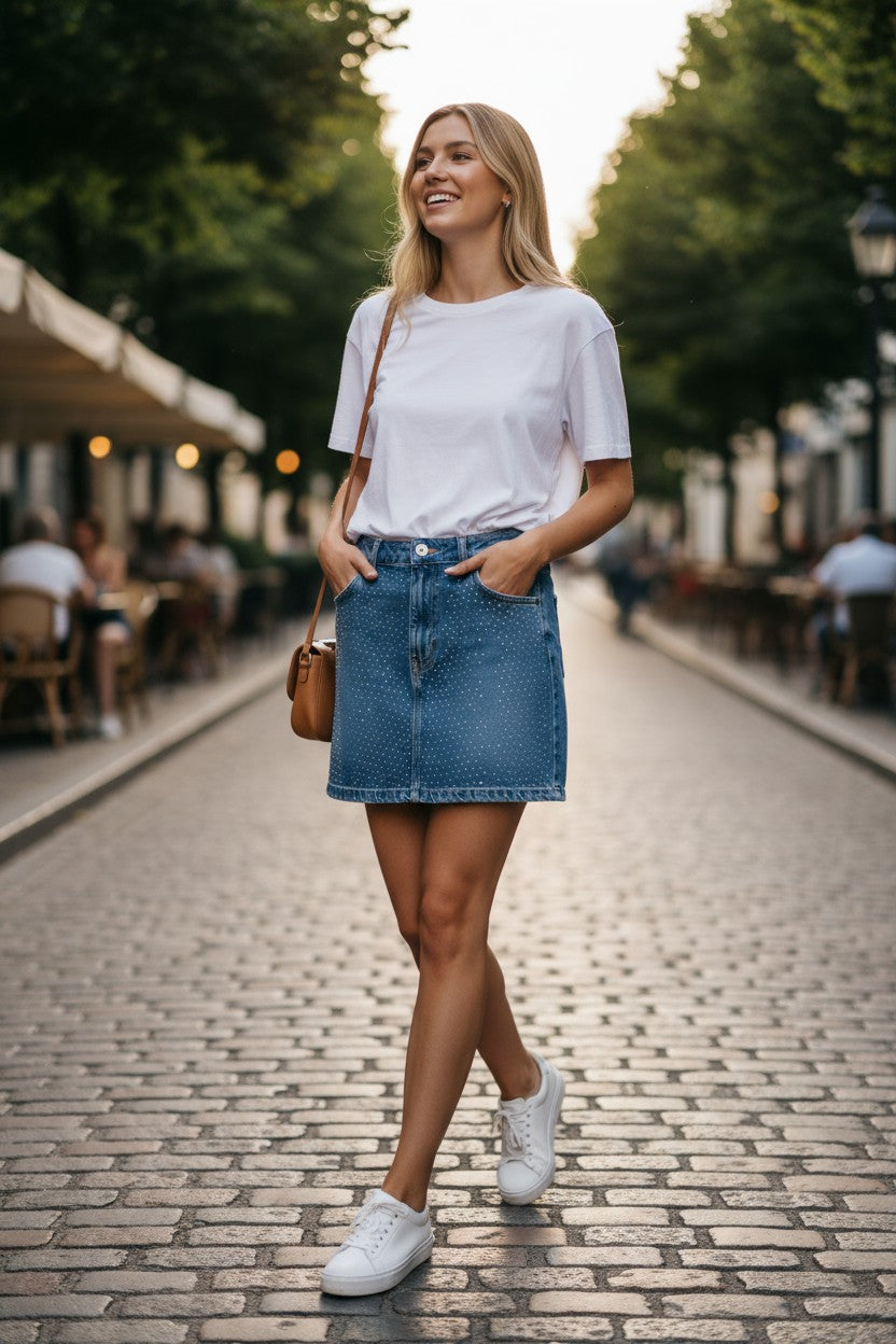 Woman in a white t-shirt and blue denim skirt standing on a cobblestone street.