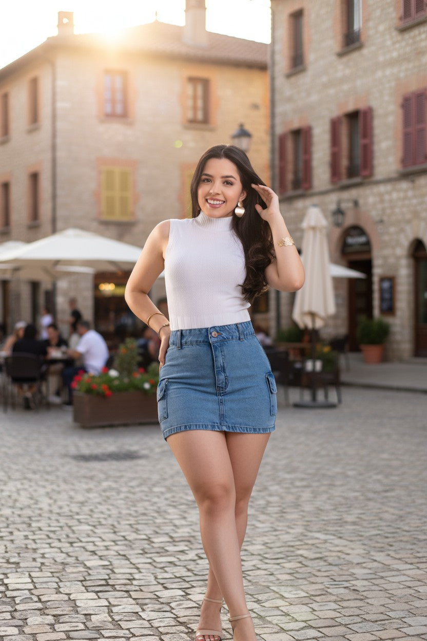 Woman in a white top and denim skirt standing on a cobbled street with buildings in the background.