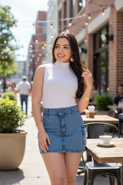 Woman in a white top and denim skirt standing outdoors with a blurred background