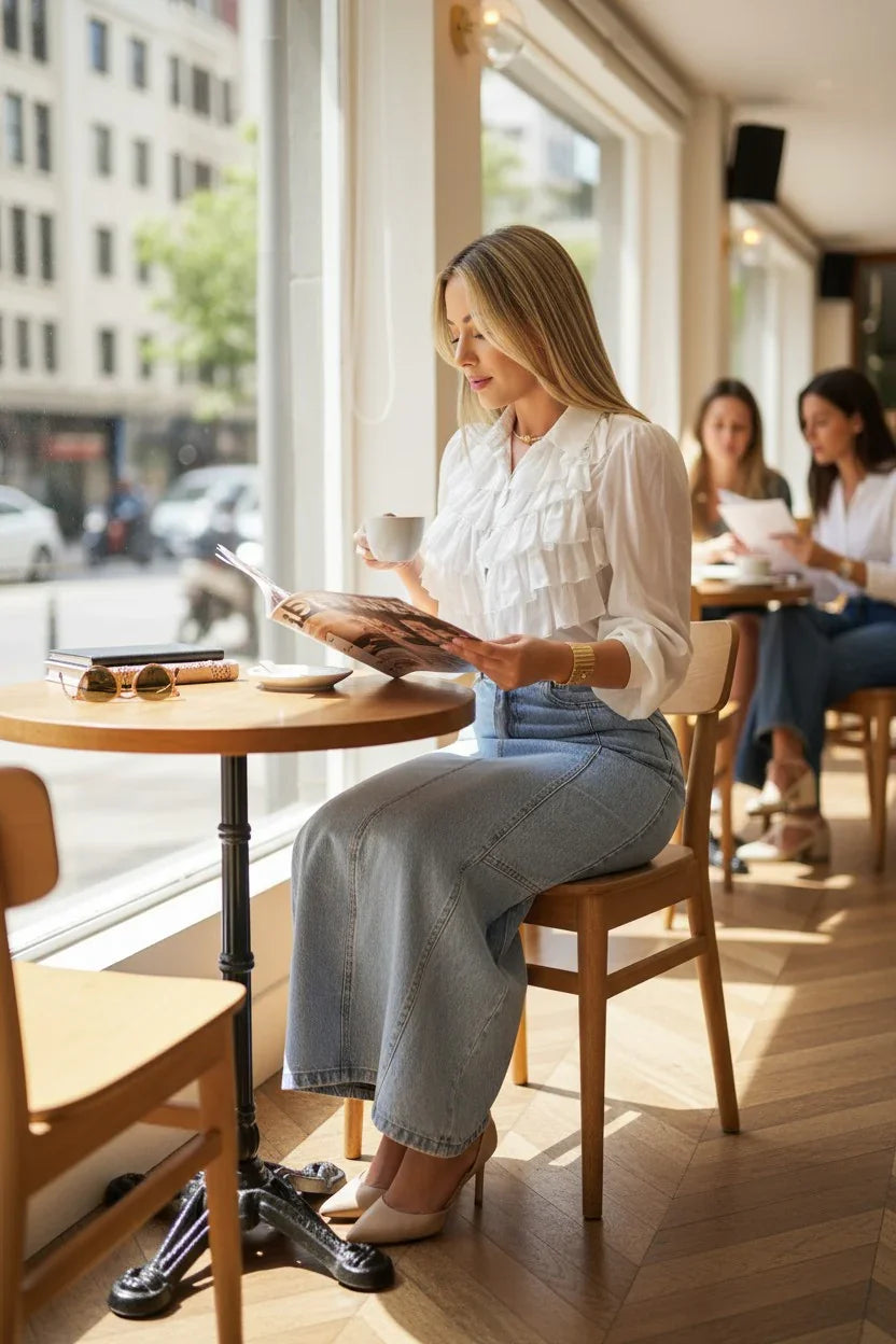 Woman reading a magazine in a cafe with a cityscape view