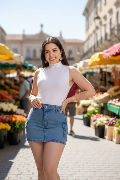 Woman standing in an outdoor market with stalls and people in the background
