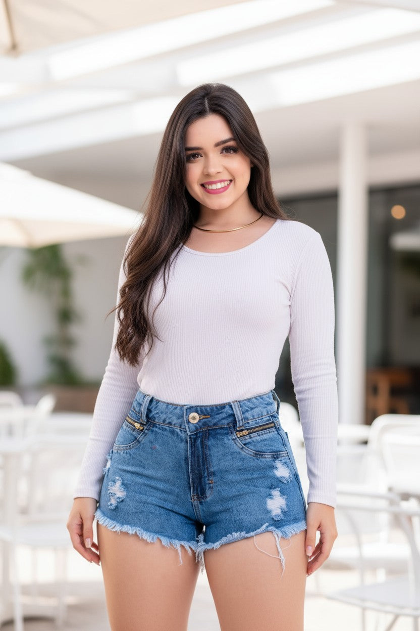 Woman wearing a white long-sleeve top and denim shorts outdoors.