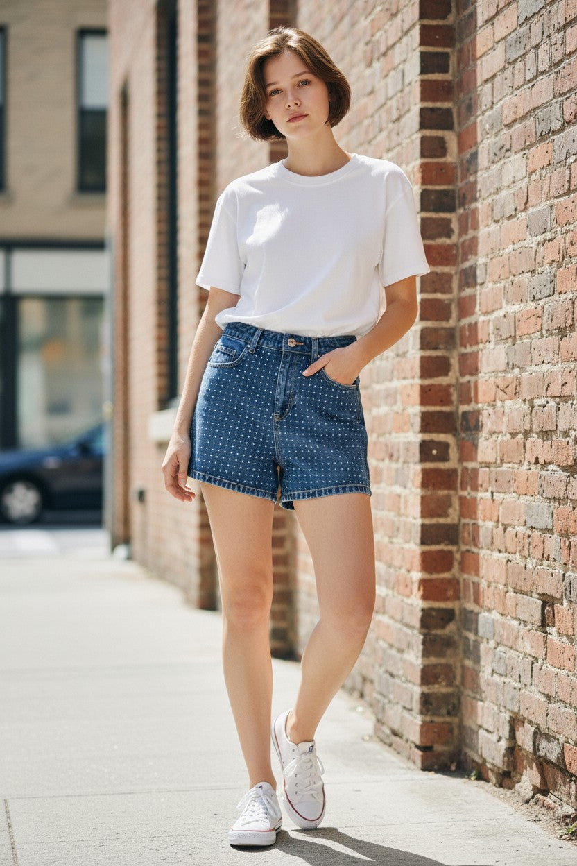Woman wearing a white t-shirt and blue denim shorts standing against a brick wall.