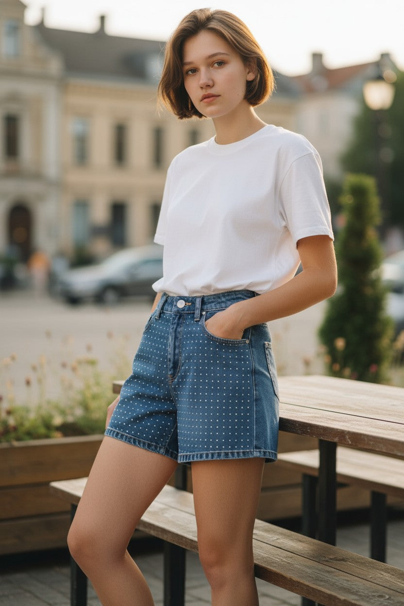 Woman wearing a white t-shirt and blue denim shorts standing outdoors.