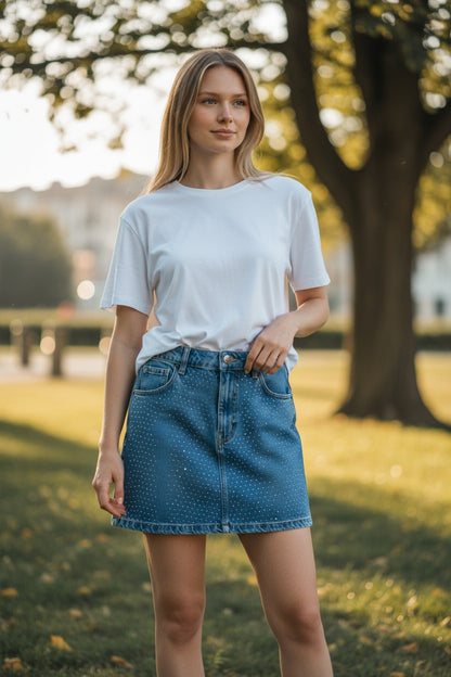 Woman wearing a white t-shirt and blue denim skirt standing outdoors with trees in the background