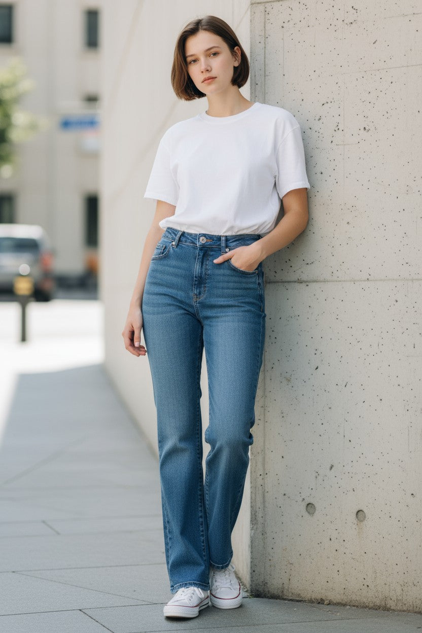 Woman wearing a white t-shirt and blue jeans leaning against a concrete wall.
