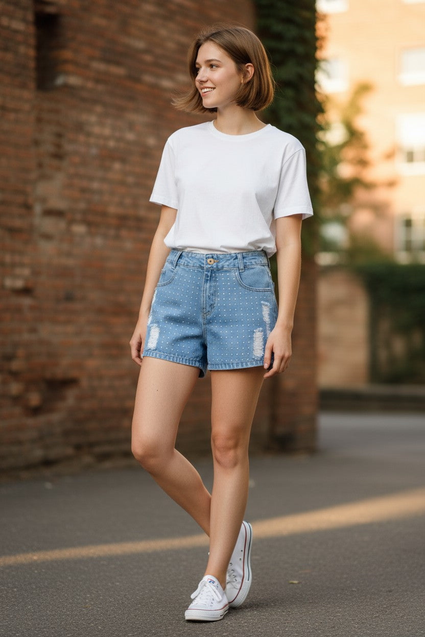 Woman wearing a white t-shirt and denim shorts standing against a brick wall.