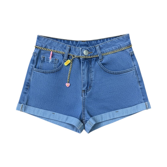 Women's High-Waisted Cuffed Denim Shorts with Chain Belt Accessory