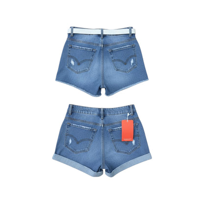 Women's High Rise Denim Shorts Set - Frayed Hem & Cuffed Back View