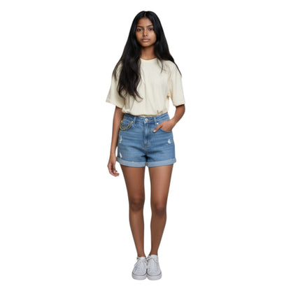 Women's High Rise Denim Shorts Set - Frayed Hem & Cuffed Back View