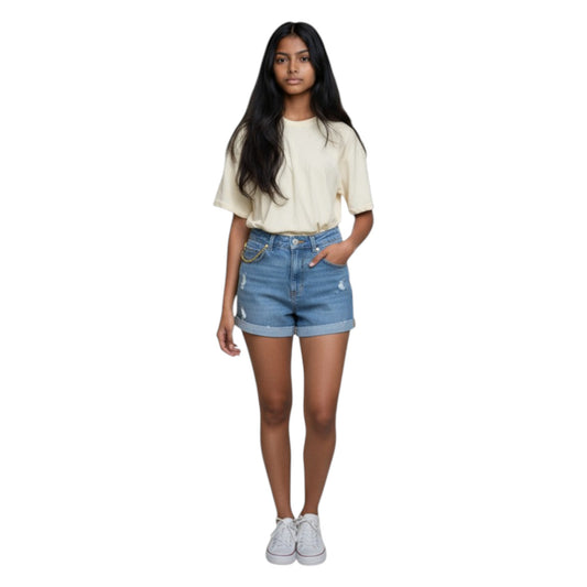Women's High Rise Denim Shorts Set - Frayed Hem & Cuffed Back View