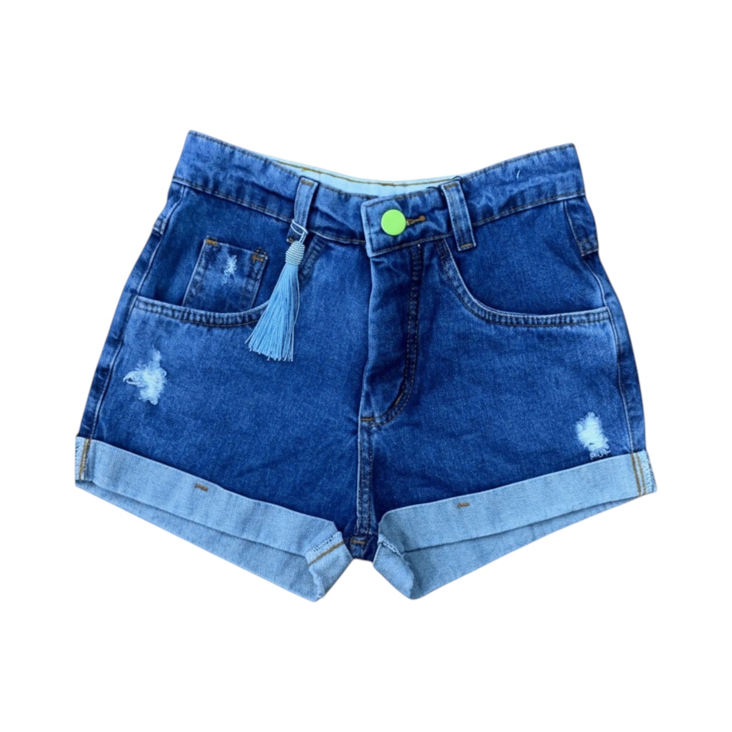 Women's High Waist Cuffed Denim Shorts with Tassel Charm