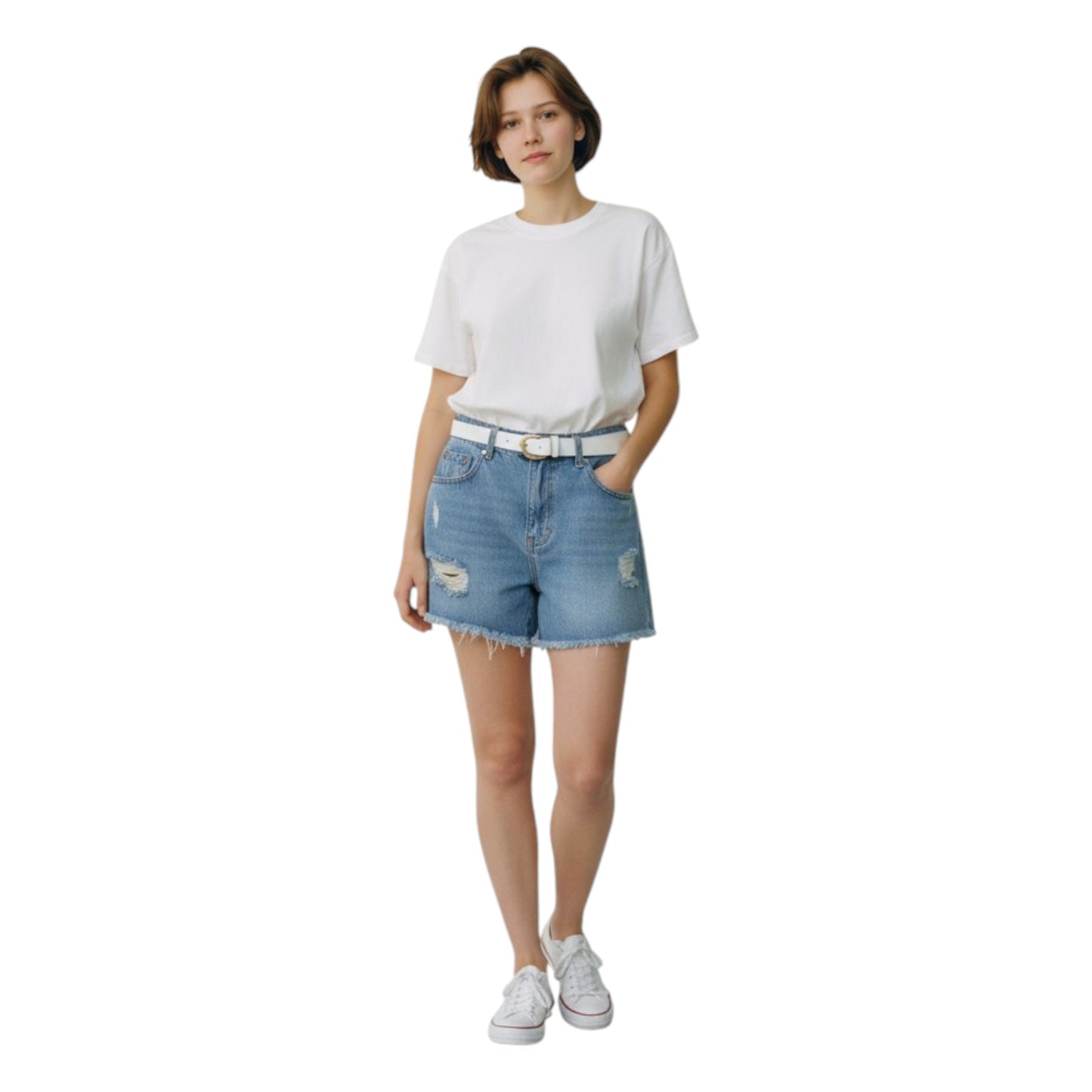 Women's High Waisted Denim Shorts Set - Cuffed Light/Dark Wash Ripped