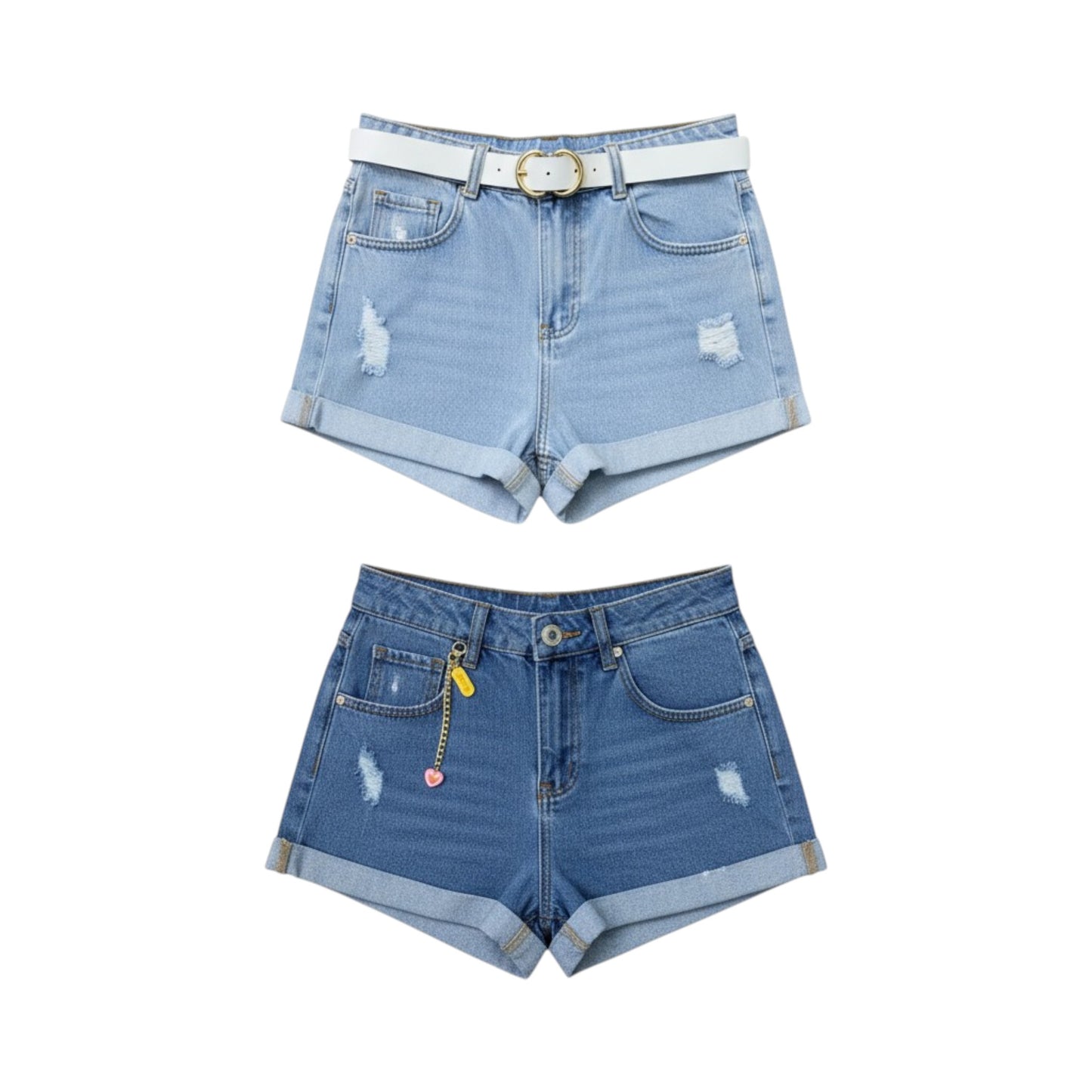 Women's High Waisted Denim Shorts Set - Cuffed Light/Dark Wash Ripped