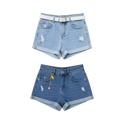 Women's High Waisted Denim Shorts Set - Cuffed Light/Dark Wash Ripped
