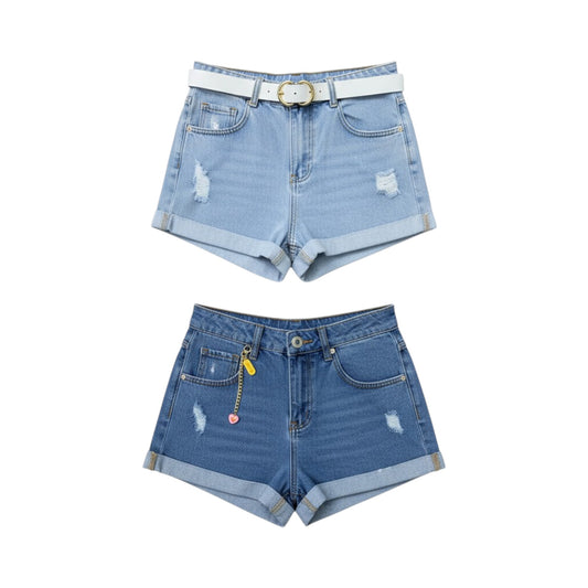 Women's High Waisted Denim Shorts Set - Cuffed Light/Dark Wash Ripped