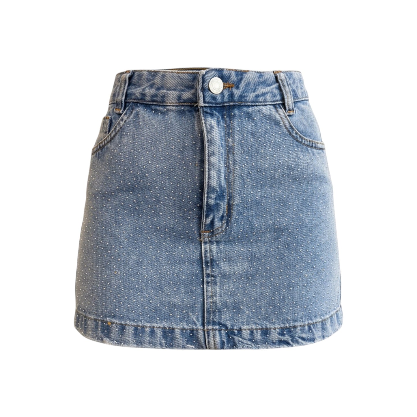 Women’s Light Blue Denim Mini Skirt – High-Waist Studded Jean Skirt