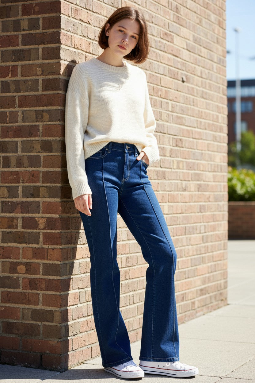 Women’s Classic Dark Blue Jeans – Slim Fit Stretch Denim with Contrast Stitching